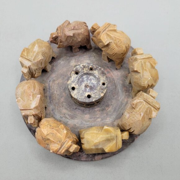 Hand-Carved Elephant Soapstone Circle Incense Holder Made In India - Picture 4 of 7
